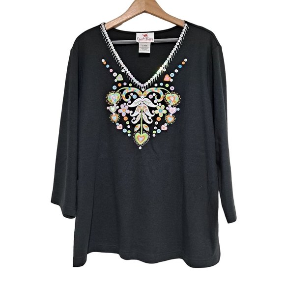 Quacker Factory Shirt Womens XL Black Cropped Sleeve Embroidered Sequined VNeck - Picture 1 of 10